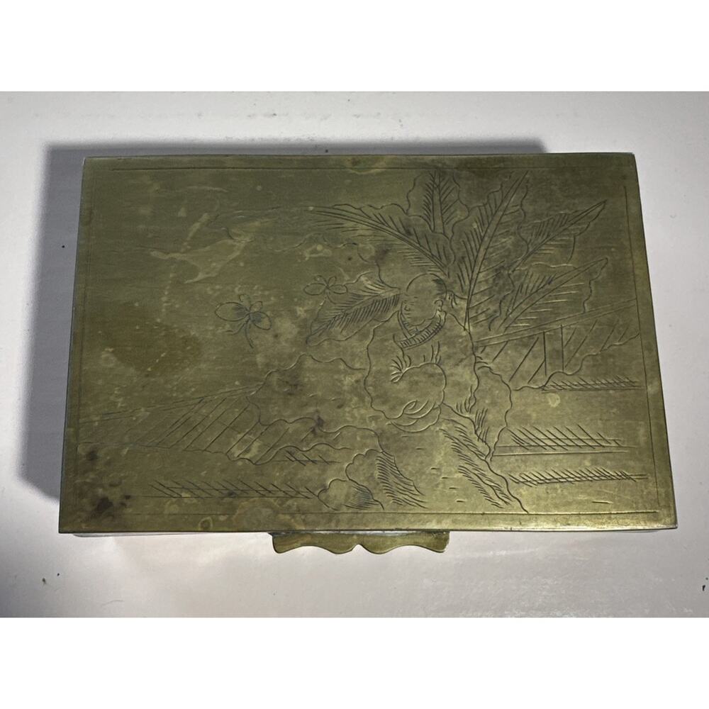 Vintage Brass Asian Jewelry Box With Art Image Old Trinket Box Antique Brass Box